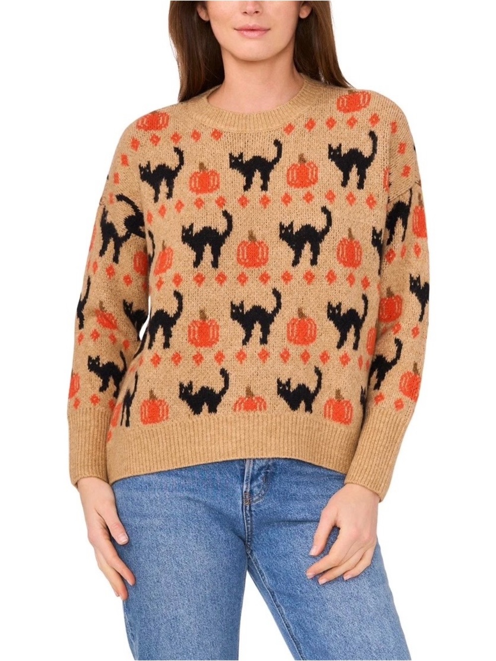 Vince Camuto Halloween Sweater Sz M + Pumpkins Black Cats Boo!